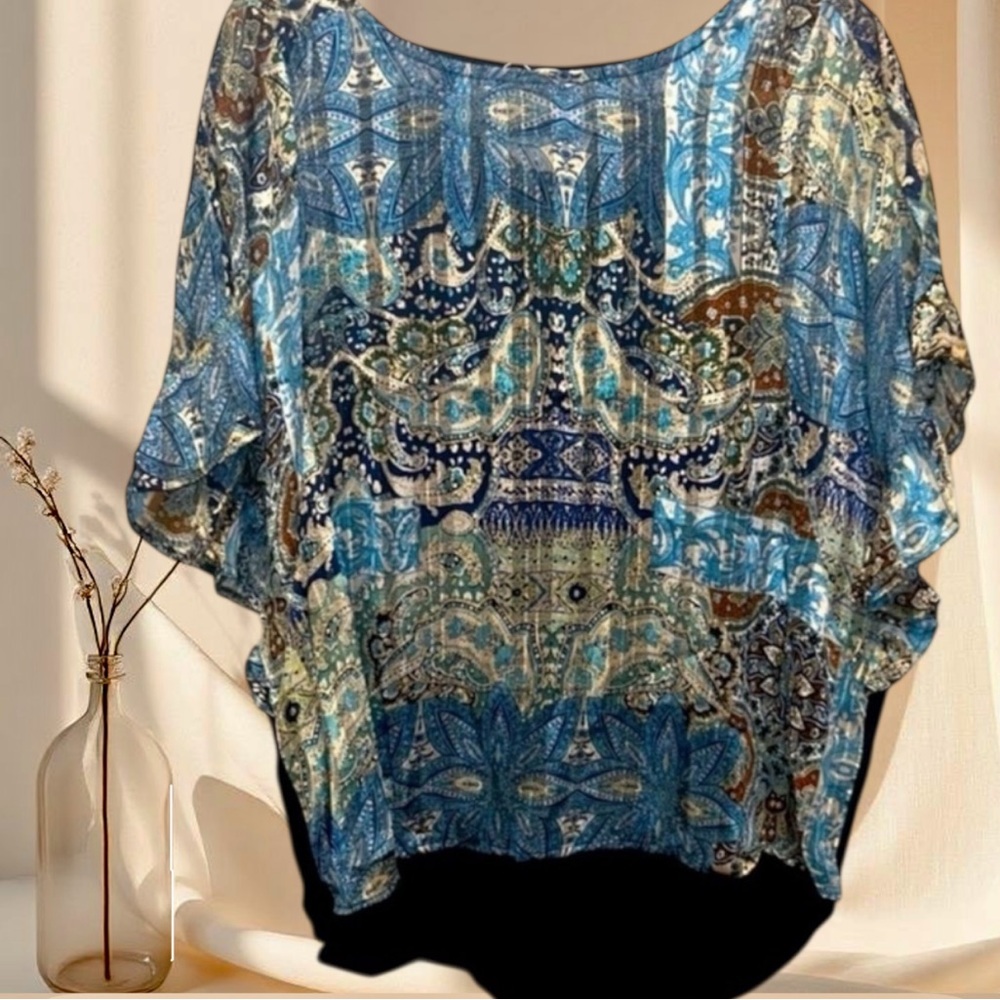 UMGEE Boho Metallic Flutter Sleeve Top | Navy & Gold Shimmer - Picture 5 of 6